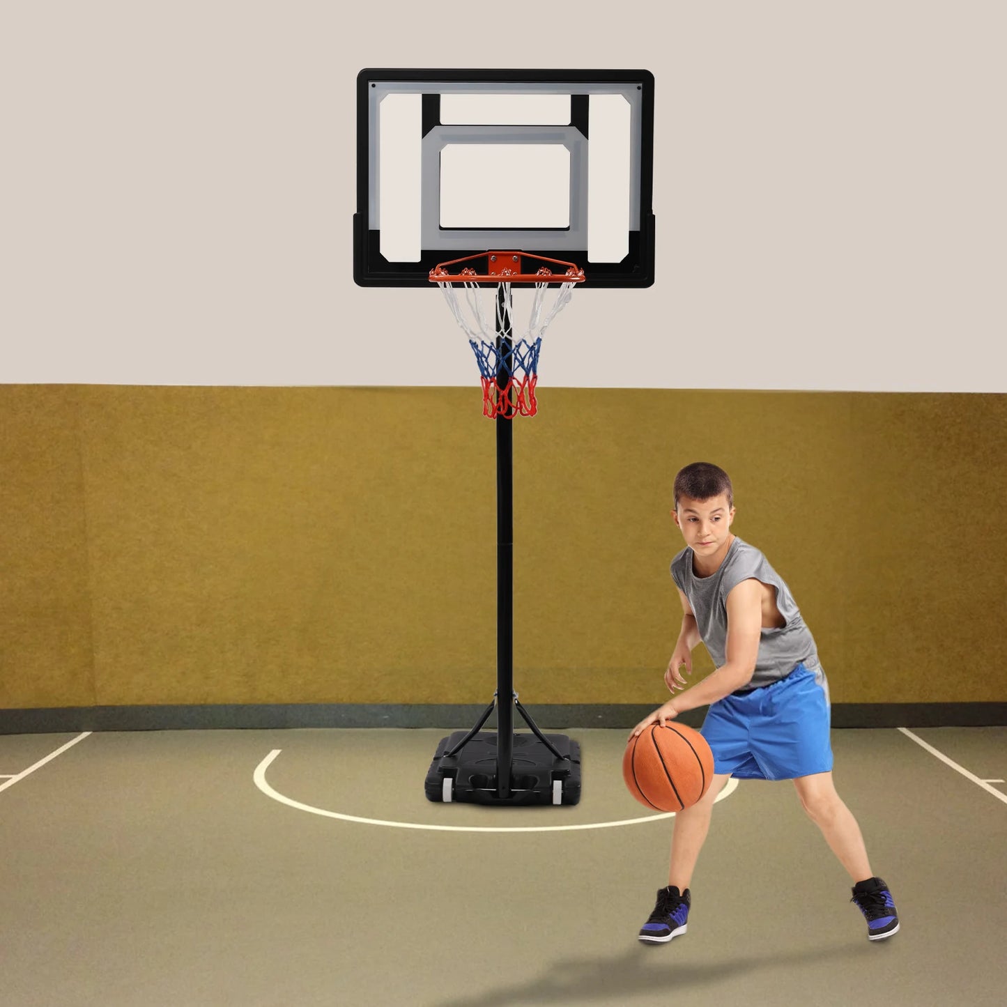 Verstellbarer Basketballkorb, Basketballsystem, Basketball-Trainingsgerät für drinnen und draußen für Jugendliche und Erwachsene, 1,6–2,1 m