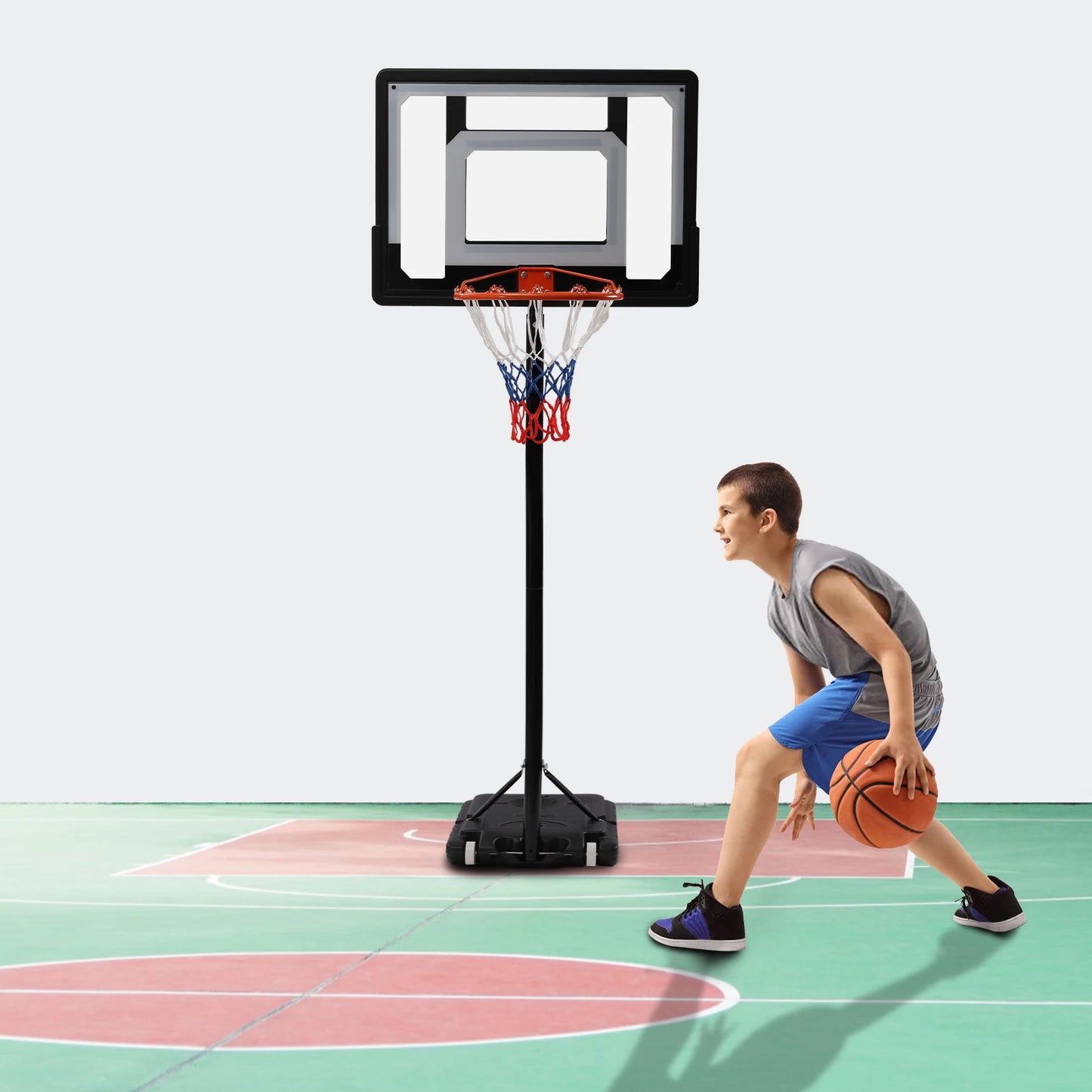 Verstellbarer Basketballkorb, Basketballsystem, Basketball-Trainingsgerät für drinnen und draußen für Jugendliche und Erwachsene, 1,6–2,1 m