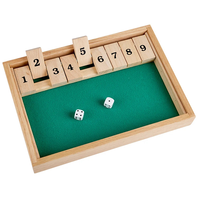 Rubber Wooden Classroom 4-Way 1-9 Numbers 2 Player Shut The Box Board Game With 2 Mini Wood Dices-Finds Fit