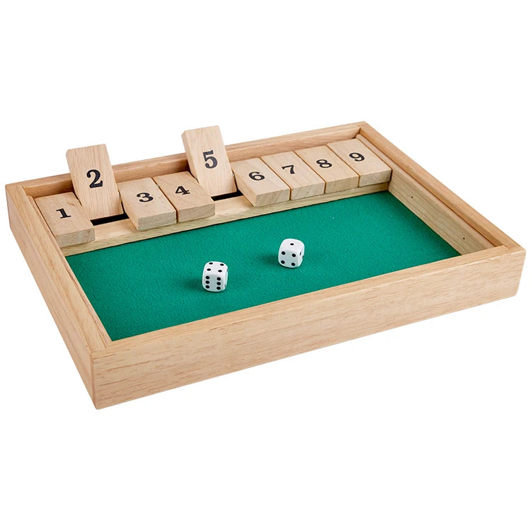 Rubber Wooden Classroom 4-Way 1-9 Numbers 2 Player Shut The Box Board Game With 2 Mini Wood Dices-Finds Fit