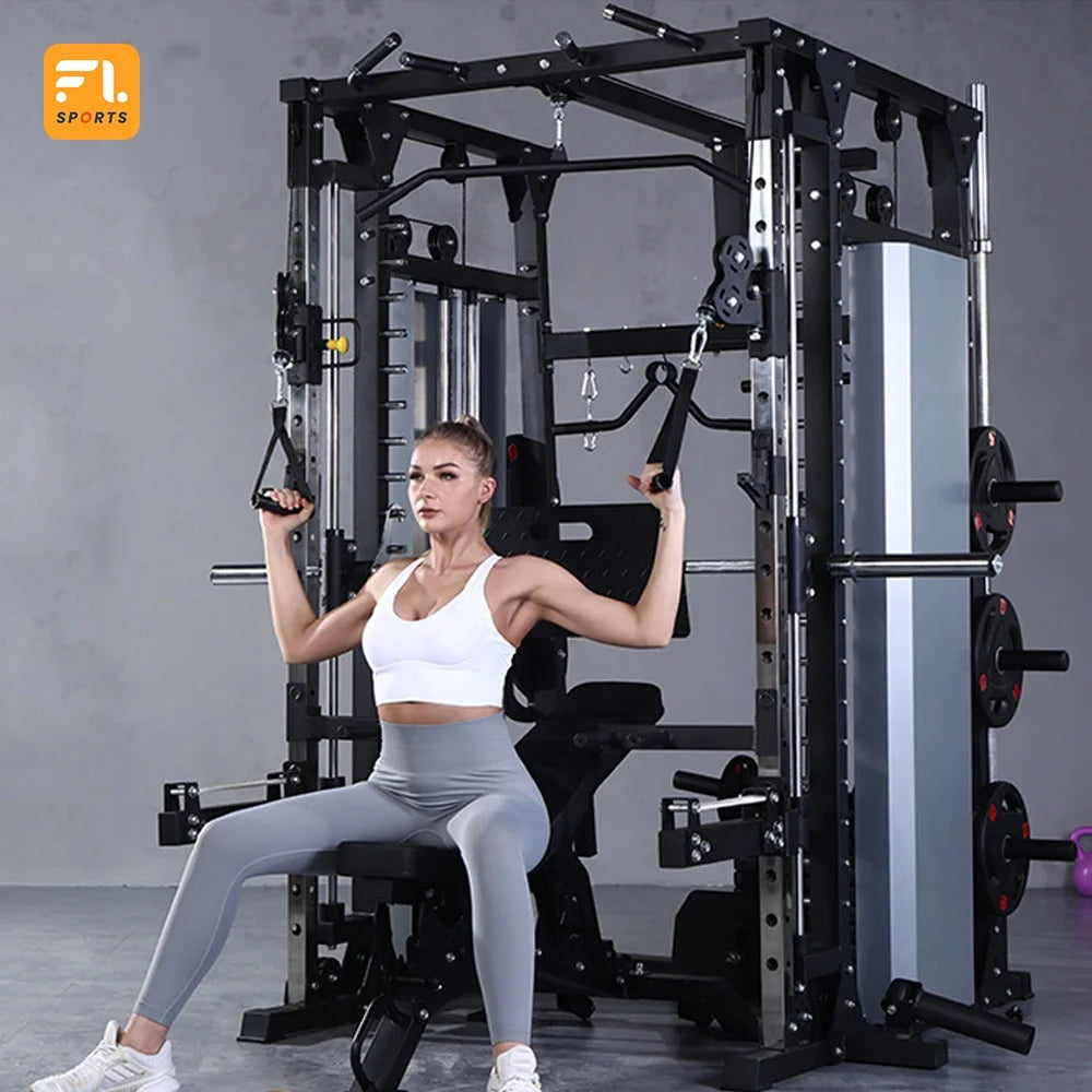 Home Gym Smith Machine with Pulley System Gym Squat Rack Pull-Up Bar Upper Body Strength Training Equipment-Finds Fit