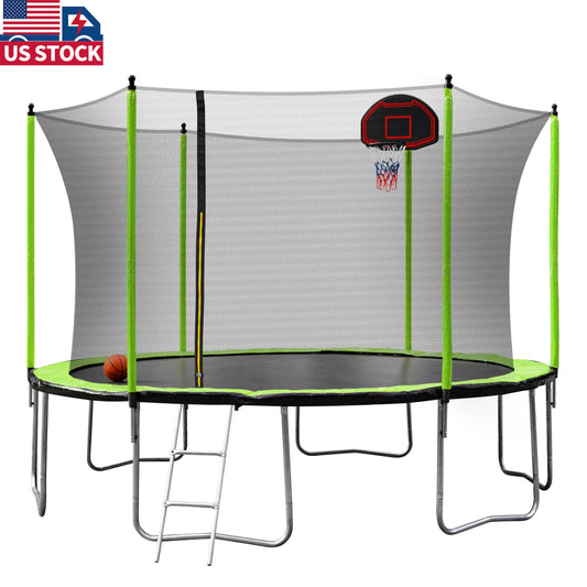 US stock Outdoor green Trampoline 12ft with Basketball Hoop and Ladder ASTM CPC approved-Finds Fit