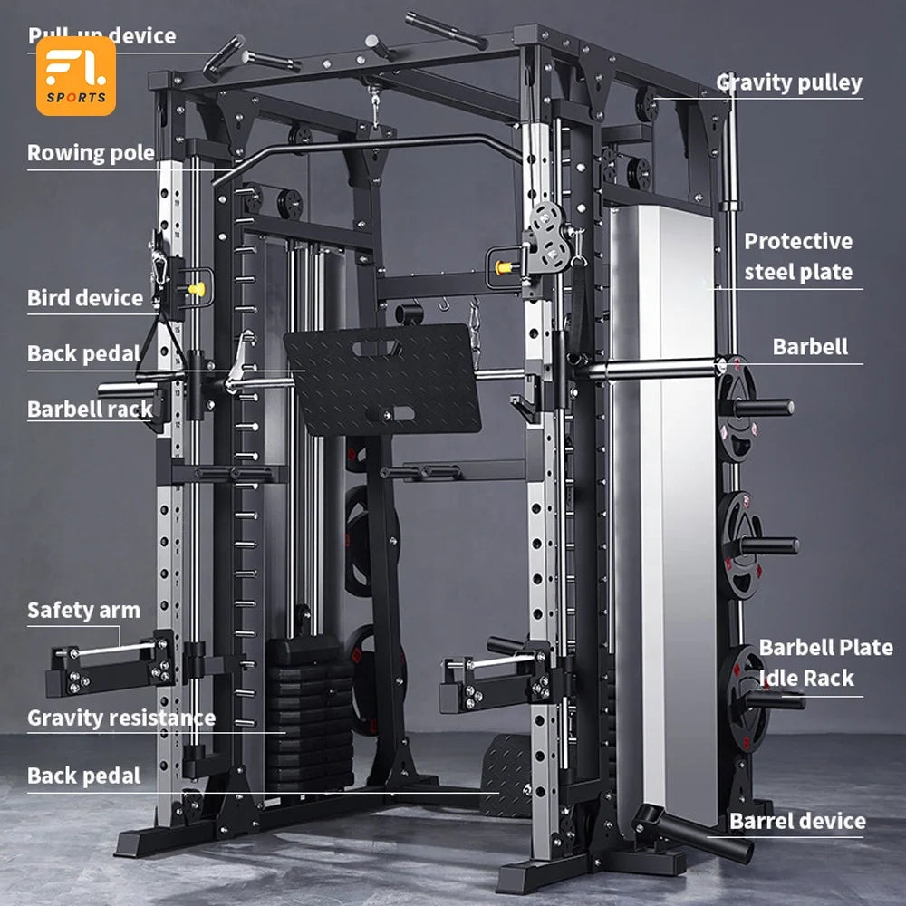 Home Gym Smith Machine with Pulley System Gym Squat Rack Pull-Up Bar Upper Body Strength Training Equipment-Finds Fit