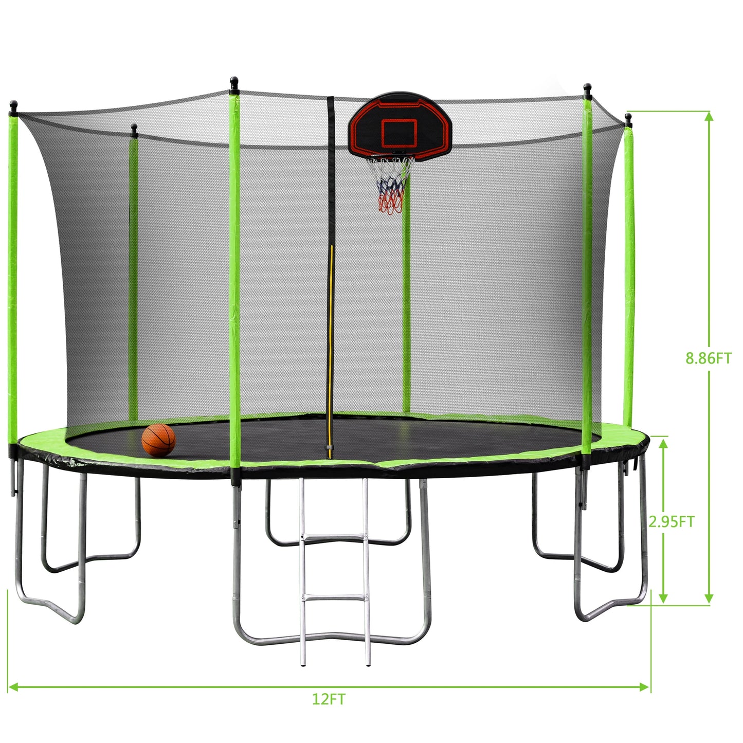 US stock Outdoor green Trampoline 12ft with Basketball Hoop and Ladder ASTM CPC approved-Finds Fit