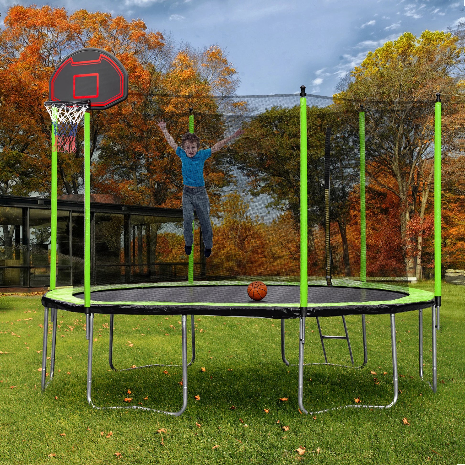 US stock Outdoor green Trampoline 12ft with Basketball Hoop and Ladder ASTM CPC approved-Finds Fit