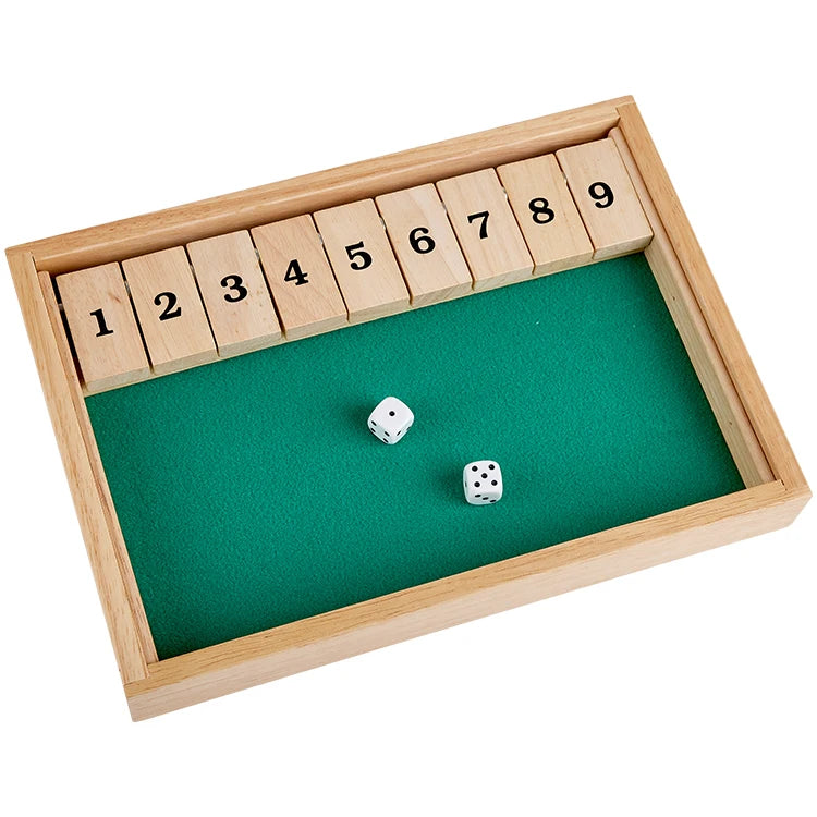 Rubber Wooden Classroom 4-Way 1-9 Numbers 2 Player Shut The Box Board Game With 2 Mini Wood Dices-Finds Fit